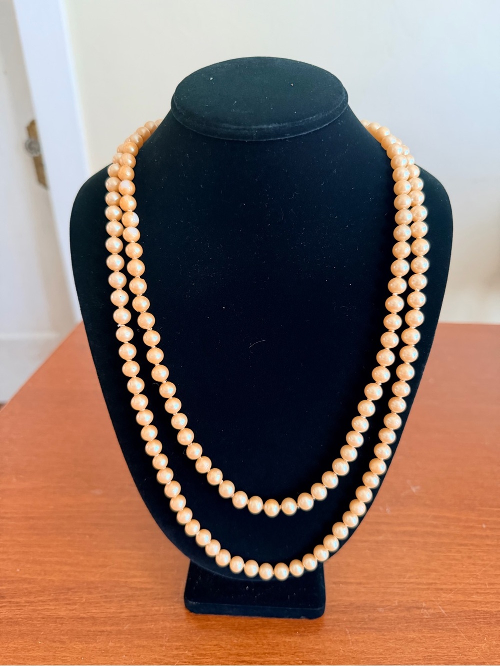 Vintage Extra Long Faux Pearl Necklace Rhinestone Pearl Clasp